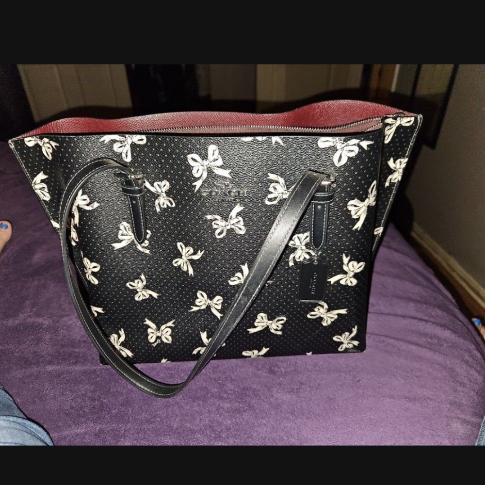 Coach Black Tote with White Bow Patterns